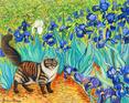 A maincoon cat is standing in the Vangogh Iris painting.