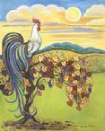 The phoenix rooster is sitting on a fall colore grape vine with a golden sunset behind.