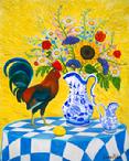 A rooster standing on a blue check tablecloth with a blue and white vase of flowers