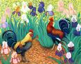 two colorful roosters are amidst a bunch of iris flowers,very colorful.