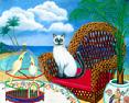 A siamese cat sitting on a ratan chair with a hawaii backdrop looking at two cocatoos in a cage on a table