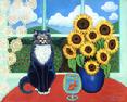 A black and white tuxedo cat is sitting on a red table cloth with a blue vase filled with sunflower type of flowers and a wine glass with a gold fish in it.