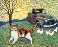 A calico cat with a Van Gogh sunrish with an old pickup and white chickens.