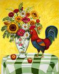 A black and brown rooster standing on a green check table cloth with a vase full of flowers