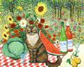 A cat sitting on a table with vegetables and a flowers and wine bottles and pears.