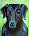 This Black Lab is artfully painted with the contrasting colors to bring him out making it a fine pet portrait.