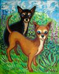 two chichuahuas standin together on grass and floral background makes nice origiinal art oil painting.