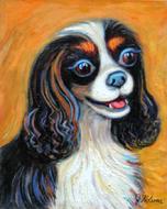 This lovely pet portrait of this King Charles Cavelier Spaniel is a hand painted oil painting on canvas. Beautifully painted this tri color Cavelier spaniel makes a great subject for dog art.