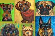 This collection of dogs the Irish Terrier,Dashund, Pug, Poodle, Caim Terrier, German Shepherd makesa a striking combination when put together.