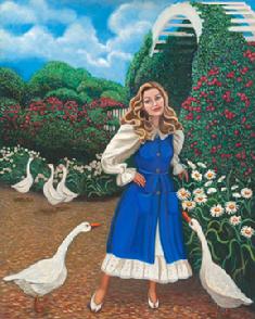 Surrounded by geese and flowers this painting of a young woman  in blue is striking.
