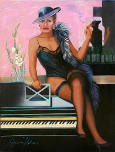 Kelly sitting on a piano in black stockings ,pearls and a fur boa.