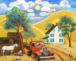 Golden rolling hills with oak trees makes this Naive  Impressinistic painting touch ones heart  with the farm house and surroundings .