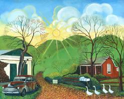 Rolling Green Hills makes this Naive  Impressionistic oil painting of a farm house withe geese crossing the road.