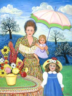 A colorful impressionistic painting of a mother and her children by a floral arrangement on a colorful table top.