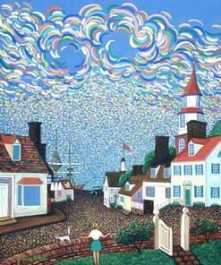 Large swirling brushstrokes creates this New England painting of a girl and cat gazing out at the harbor done in a Naive Impressionistic  Style.