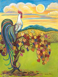 A Majestic rooster over looks a harvest vineyard with the fall colors with a setting sun.