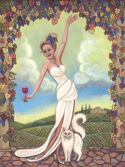 A lovely lady with a glass of wine is is happily toastin the harvest win front of a beautiful fall vineyard and a whimsical cat at her side.