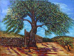 A oak tree and stacked wall fence dominate this sugessted vinyard painting.