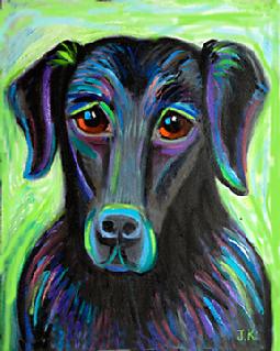 This pop style Black Lab certainly sets right with the colorist style in this oil portrait.