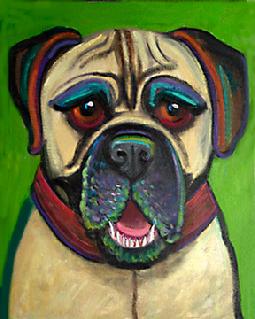 This Bullmastiff makes a great contempary pop style portrait in oils.