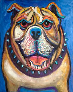 This beige and white British Bulldog definitely has character captured in this hand painted oil portrait.