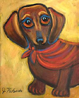 Big eyed smooth haired dachshund certainly puts a smile on your face while viewing this hand painted oil portrait.