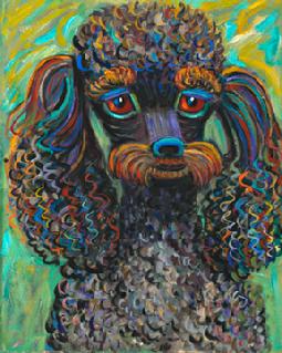 A chocolate and grey poodle makes a great subject for an oil portrait with expressive eyes.