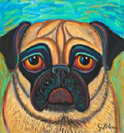 This fawn and black Pug with an intence gaze make this hand painted oil portrait a powerful painting.