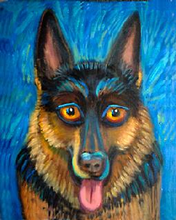 This stunning German Sheperd makes a great portrait in oil with his golden eyes and vibrant blue background.