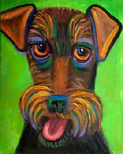 The Irish Terrier with a spontaneous glance makes this oil portrait special.