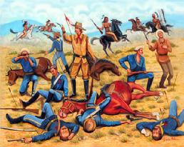 General George Custer at the Battle  of Little Big Horn, Many Soldiers and horses have fallen and died from the Indian seige, Custer with a few soldiers is fighting it out until the end.