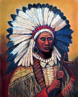 Cheif Red Tomahawk with full Indian head dress with feathers and bukskins beaded with a peace pipe in hand