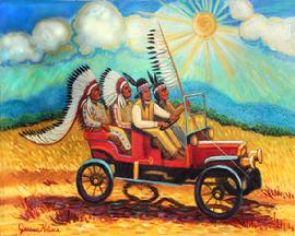 What a happy painting with the sun shinning and a red model T convertable with a group of Cheyenne indians having a great time riding along, There are two Indian cheifs in full feathered head dress in their buckskins beaded andd the other indians have tall hats adorned with feathers.