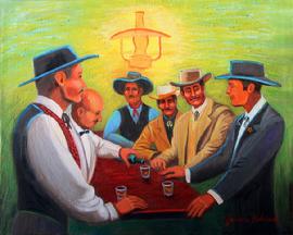 The Erps and Doc Holiday are ina saloon having a drink planing their stratiigy for the fight at the OK Corral . The color is fasinating , a hazy greenish background.