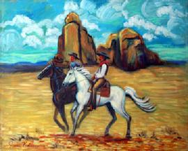 Two western cowboys riding a blachorse and a white horse ,with a New Mexico background with the colorful Buttes a and pretty sky.