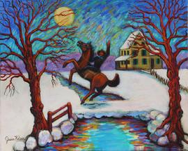 Black Bart the famous out law in Nothern Calif would only rob the Wells Fargo Stages. He is on his horse rearing up on a bridge in a snow covered moon light night.