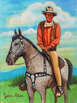 John Wayne is seated on a horse an appleloosa, dappled grey and white with a decorative saddle. John Wayne  is wearing a coral peach colored shirt with vest and camel pants.