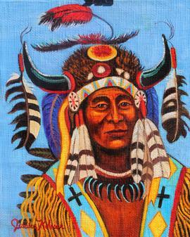Cheif Crazey Wolf is wearing a decorated buffalo head dress with decorative feathers, He is wearing bear claw necklace and original indian buckskins beaded in indian tradition.