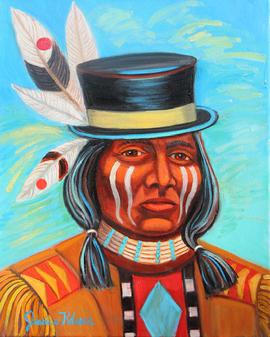 Injun Joe Portrait,wearing a top Hat with feathes and decorative buckskins, Indian beads and war paint on his face.