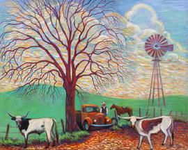 two long horn steers have gotten out  and a cowboy stops with his horse to get them back in the fence . An old red truck is stopped at the gate . A wonderful multi colored sky and impressive oak tre with wind mill makes this painting magical.