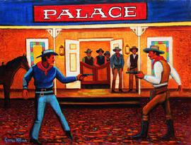 two cowboys shooting it out in front of the palace saloon, The painting is painted on a heavy canvas that is mounted on  a wood panel. This painting has a contemporary western flavor to it.