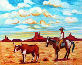 A appleloosa pony and cowboy behind a long horn steer in New Mexico with the red buttes behind.