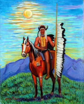 Indian with a buffalo head dress is sitting on his pony who has war paint on him . a bay horse  with a black and white main. The indian is holding a pole with many eagle feathers on it.Pretty sunset behind the indian and horse.