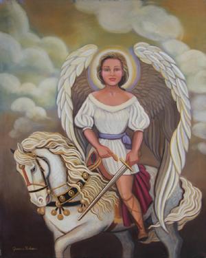 Angel riding a magnificent white horse with sword in  hand with angel wings framing the angel