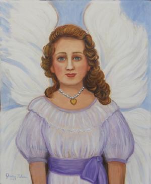 A young  Angel with a purple pastel and white dress has her wings lifted