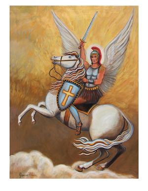 Angel ridining a white stallion rearing  up with the Armor of God, Sword,Sheild,Armor ,scandels