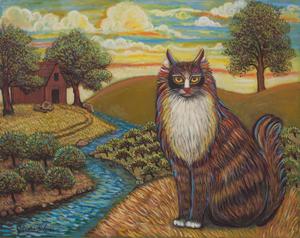 A Maine Coon cat sitting ina wine ,farm back drop with rolling hills ,apple orchards also grape orchards