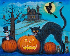 A black Cat on Halloween night standing  with pumpkins and a sleleton with a haunted house and witch on a broom flying across a golden moonn