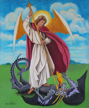 arch Angel Michael Is slaying the dragon ,grey and black in color with bat wings. Michael in white robe an red cloak holding a spear to the dragon