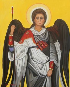 Arch Angel Michael is holding a staff, he is wearing a beautiful tri color robe ,red,white and grey. It is incrusted with jewels , His wings are dark against a yellow backgroung